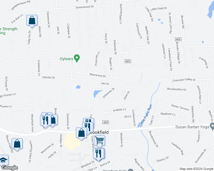 map of restaurants, bars, coffee shops, grocery stores, and more near 1720 Jan Drive in Fredericksburg