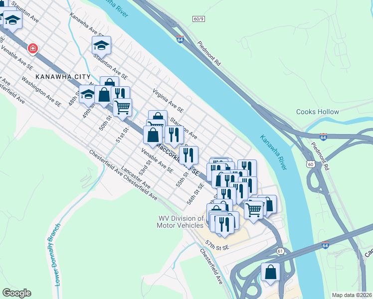 map of restaurants, bars, coffee shops, grocery stores, and more near 5403 Noyes Avenue in Charleston
