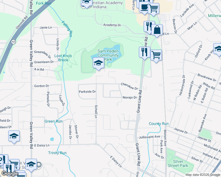 map of restaurants, bars, coffee shops, grocery stores, and more near 2711 Mohawk Drive in New Albany