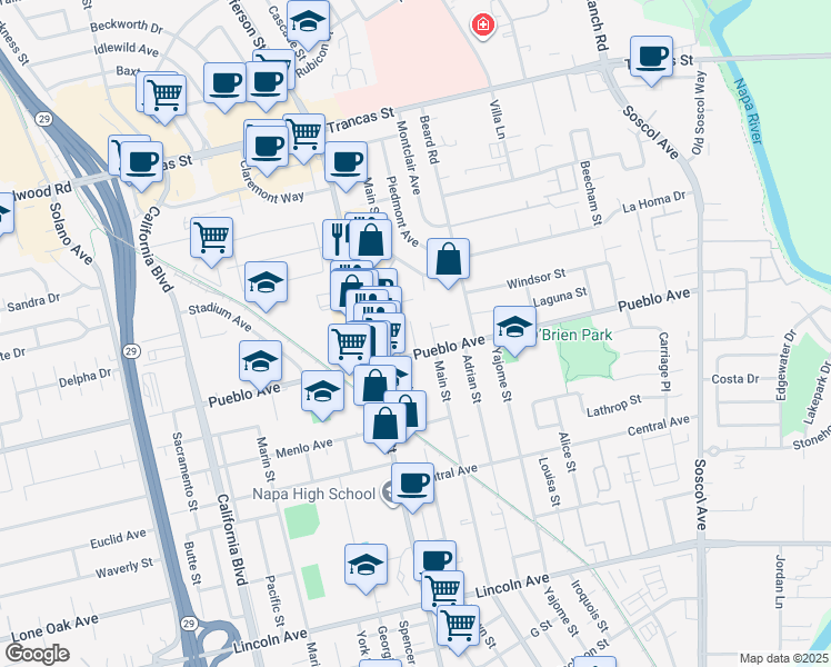map of restaurants, bars, coffee shops, grocery stores, and more near 2740 Cooper Court in Napa
