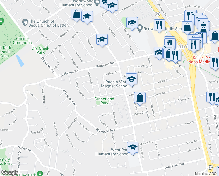 map of restaurants, bars, coffee shops, grocery stores, and more near 320 Macfadden Street in Napa