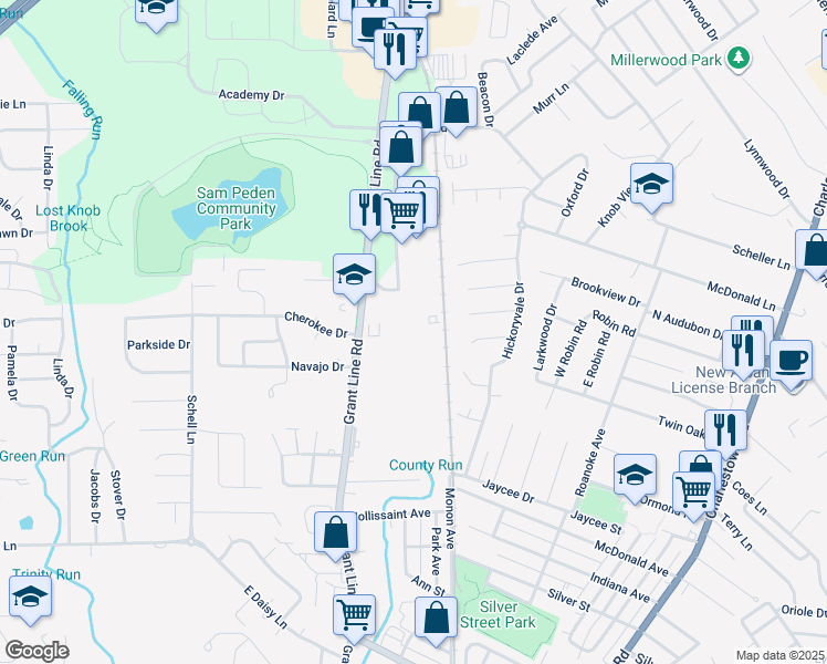 map of restaurants, bars, coffee shops, grocery stores, and more near 2710 Grant Line Road in New Albany