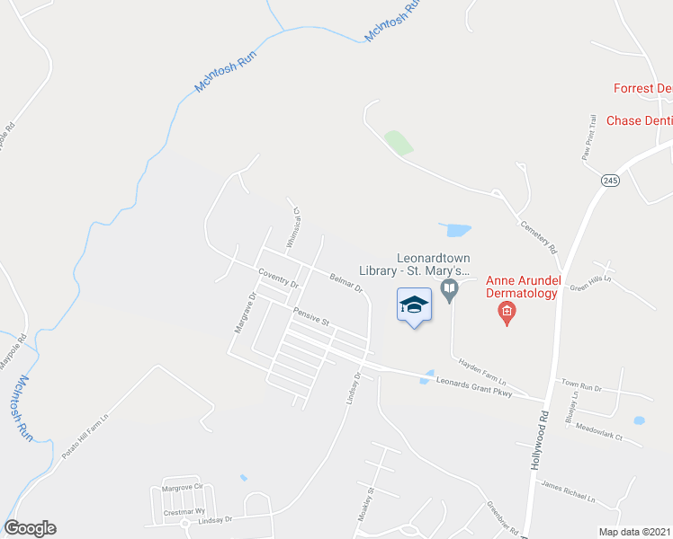 map of restaurants, bars, coffee shops, grocery stores, and more near 23634 Belmar Drive in Leonardtown