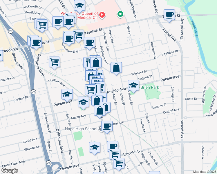 map of restaurants, bars, coffee shops, grocery stores, and more near 2710 Cooper Court in Napa
