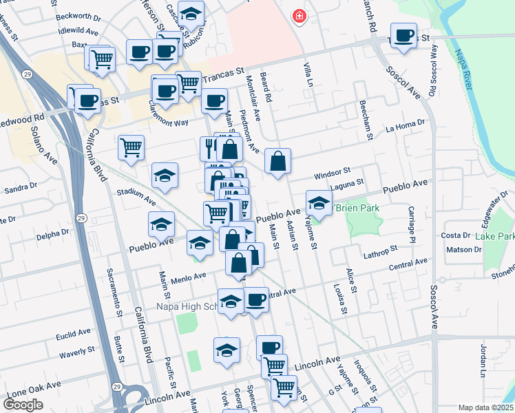 map of restaurants, bars, coffee shops, grocery stores, and more near 2740 Cooper Court in Napa