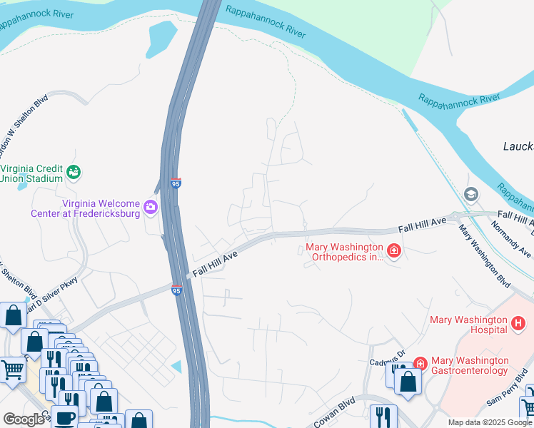 map of restaurants, bars, coffee shops, grocery stores, and more near 103 Hickok Circle in Fredericksburg