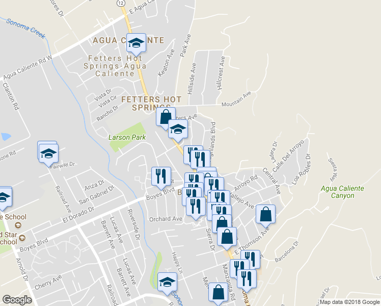 map of restaurants, bars, coffee shops, grocery stores, and more near 17728 Sunset Way in Sonoma