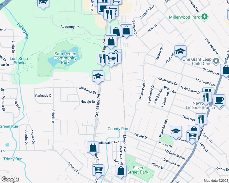 map of restaurants, bars, coffee shops, grocery stores, and more near 2710 Grant Line Road in New Albany