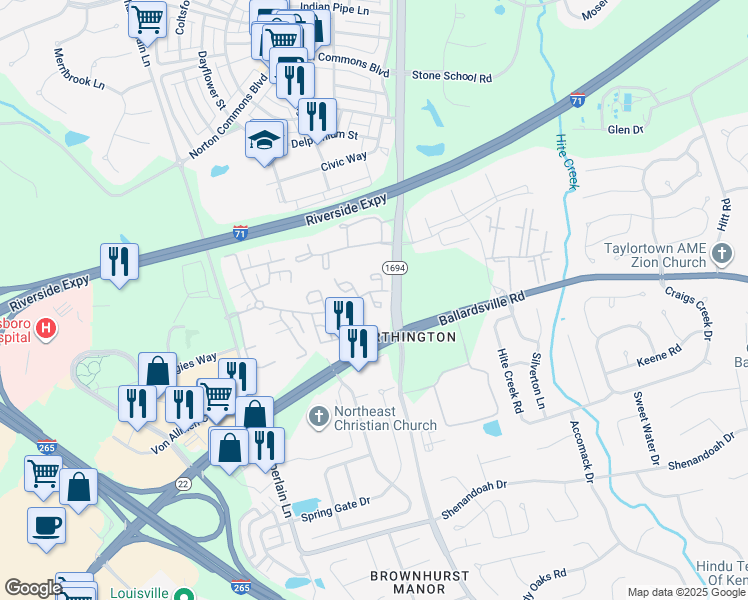 map of restaurants, bars, coffee shops, grocery stores, and more near 5016 Ardossan Square in Louisville