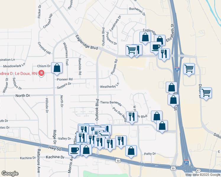 map of restaurants, bars, coffee shops, grocery stores, and more near 1636 Weatherby Lane in Pueblo