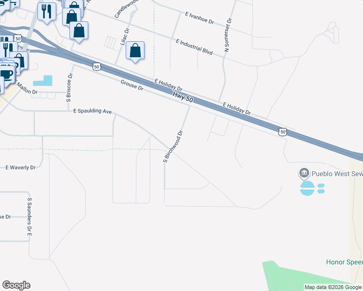 map of restaurants, bars, coffee shops, grocery stores, and more near 1163 East Spaulding Avenue in Pueblo West