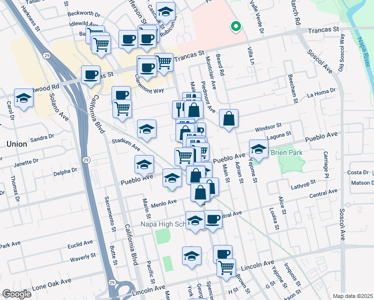 map of restaurants, bars, coffee shops, grocery stores, and more near 3001 Jefferson Street in Napa