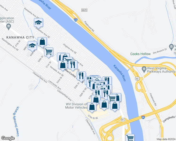 map of restaurants, bars, coffee shops, grocery stores, and more near 210 55th St SE in Charleston