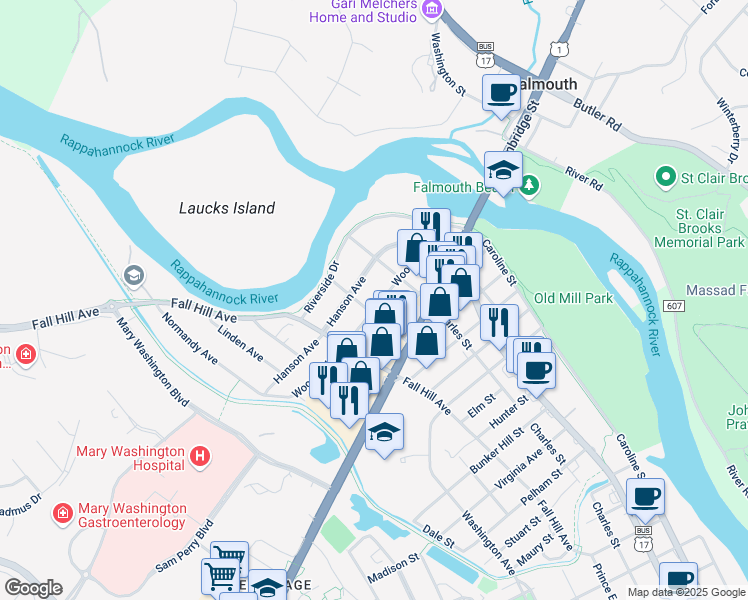 map of restaurants, bars, coffee shops, grocery stores, and more near 427 Woodford Street in Fredericksburg