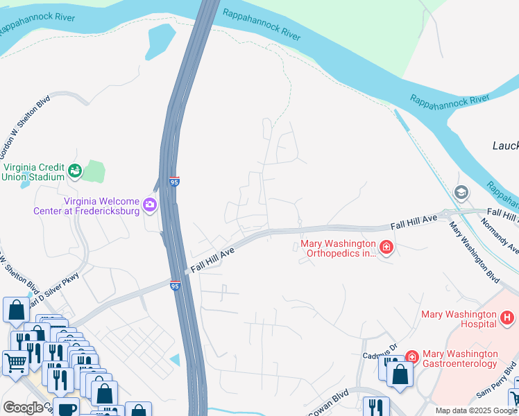 map of restaurants, bars, coffee shops, grocery stores, and more near 206 Ivanhoe Court in Fredericksburg