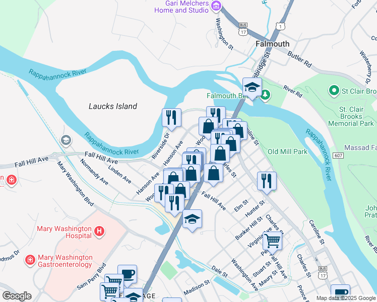 map of restaurants, bars, coffee shops, grocery stores, and more near 425 Woodford Street in Fredericksburg