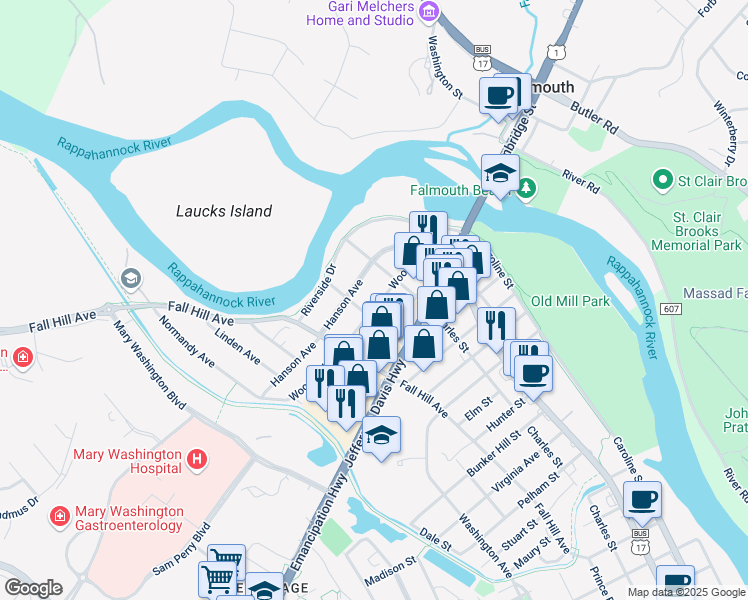 map of restaurants, bars, coffee shops, grocery stores, and more near 425 Woodford Street in Fredericksburg
