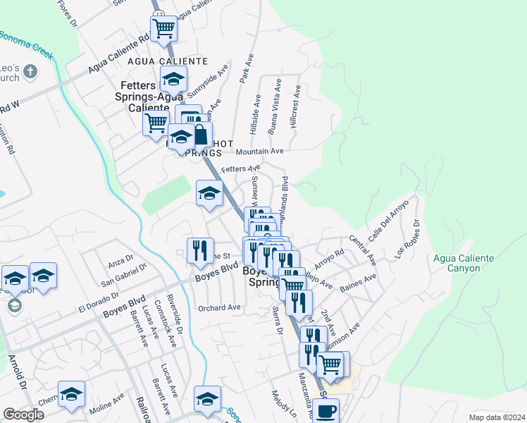 map of restaurants, bars, coffee shops, grocery stores, and more near 17677 Sunset Way in Sonoma