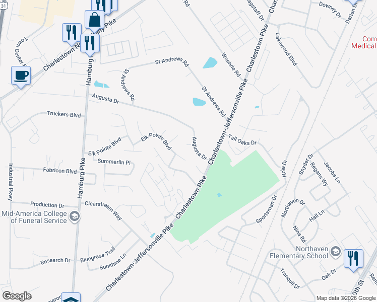 map of restaurants, bars, coffee shops, grocery stores, and more near 2210 Pine Hill Court in Jeffersonville