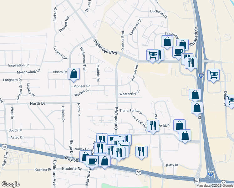 map of restaurants, bars, coffee shops, grocery stores, and more near 1699 Weatherby Lane in Pueblo