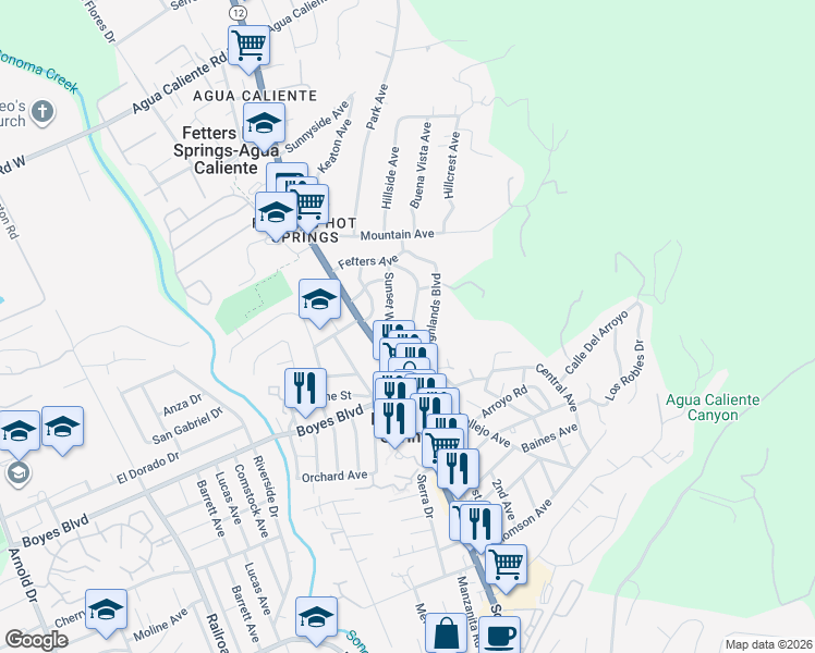 map of restaurants, bars, coffee shops, grocery stores, and more near 17660 Middlefield Road in Sonoma