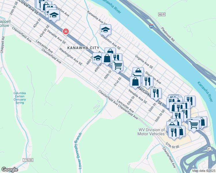 map of restaurants, bars, coffee shops, grocery stores, and more near 5001 Washington Avenue Southeast in Charleston