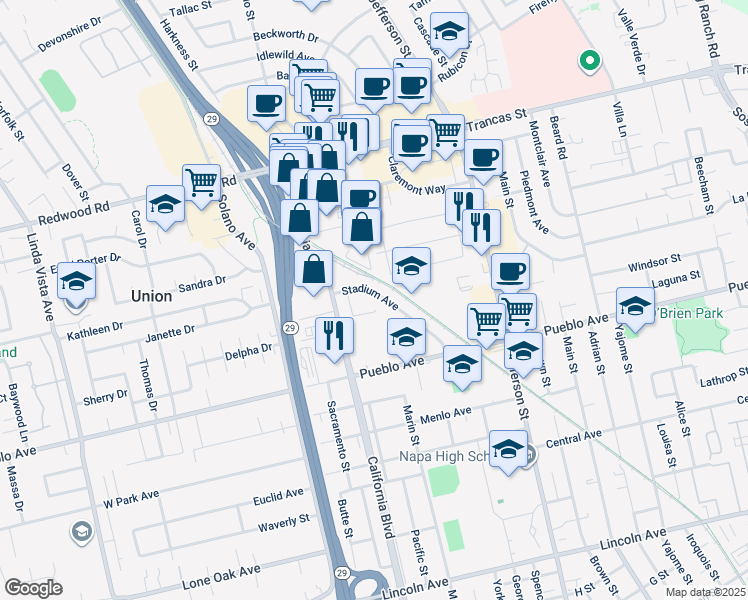 map of restaurants, bars, coffee shops, grocery stores, and more near 3094 Stadium Avenue in Napa