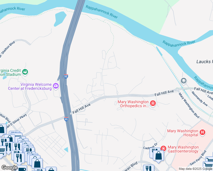 map of restaurants, bars, coffee shops, grocery stores, and more near 1085 Wicklow Drive in Fredericksburg