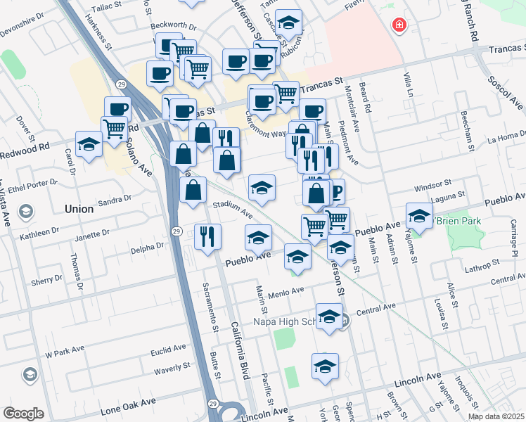 map of restaurants, bars, coffee shops, grocery stores, and more near in Napa