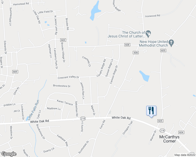 map of restaurants, bars, coffee shops, grocery stores, and more near 8 Cavalry Ridge Road in Fredericksburg