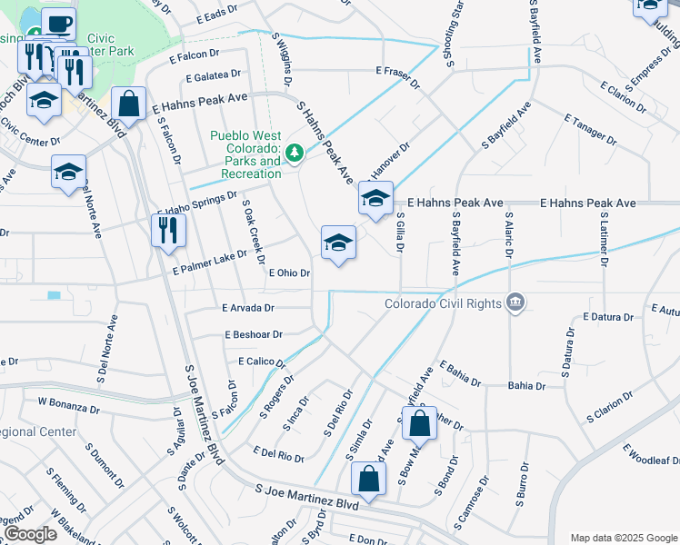 map of restaurants, bars, coffee shops, grocery stores, and more near 484 South Maher Drive in Pueblo West