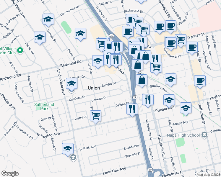 map of restaurants, bars, coffee shops, grocery stores, and more near 2088 Kathleen Drive in Napa