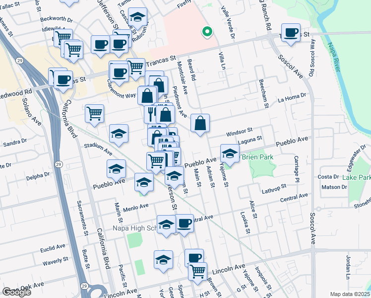 map of restaurants, bars, coffee shops, grocery stores, and more near 1034 Pueblo Avenue in Napa