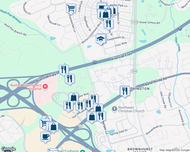 map of restaurants, bars, coffee shops, grocery stores, and more near 9804 Newquay Circle in Louisville