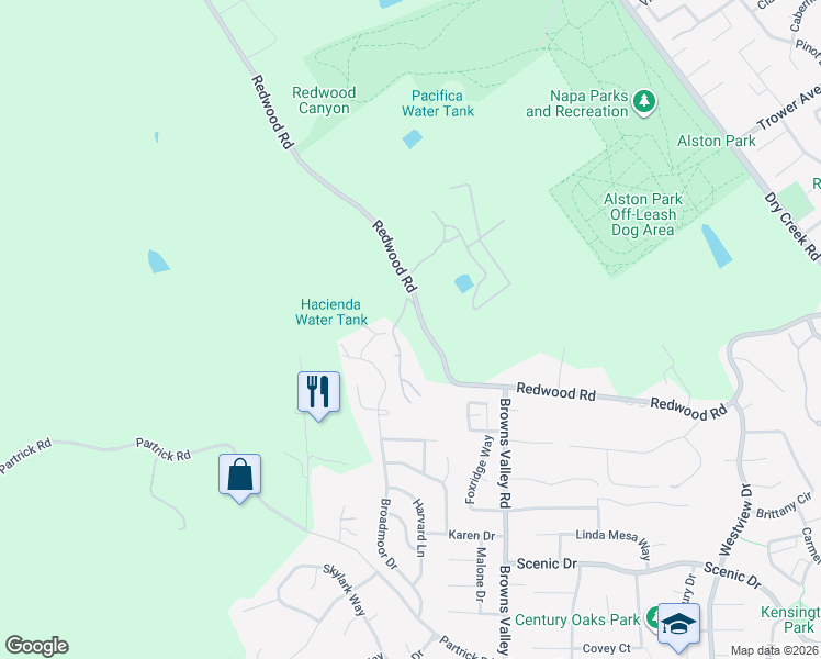 map of restaurants, bars, coffee shops, grocery stores, and more near 3100 Redwood Road in Napa