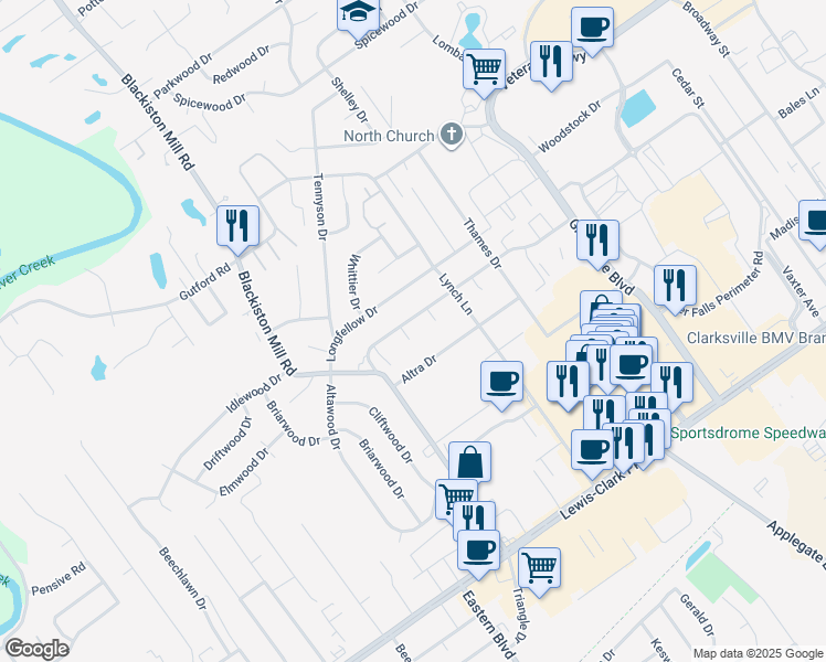 map of restaurants, bars, coffee shops, grocery stores, and more near 1418 East Beta Court in Clarksville