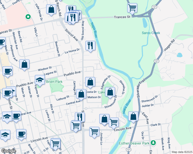 map of restaurants, bars, coffee shops, grocery stores, and more near 550 River Glen Drive in Napa