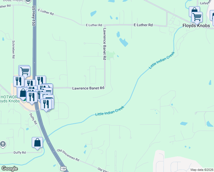 map of restaurants, bars, coffee shops, grocery stores, and more near 3496 Lawrence Banet Road in Floyds Knobs