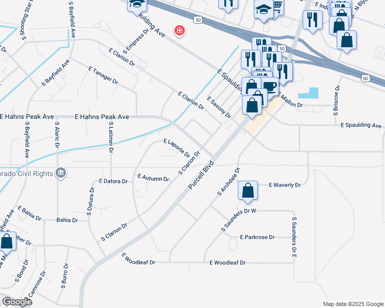 map of restaurants, bars, coffee shops, grocery stores, and more near 425 South Clarion Drive in Pueblo West