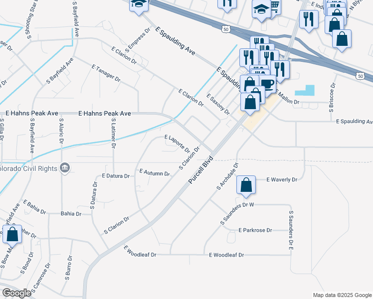 map of restaurants, bars, coffee shops, grocery stores, and more near 717 East Laporte Drive in Pueblo