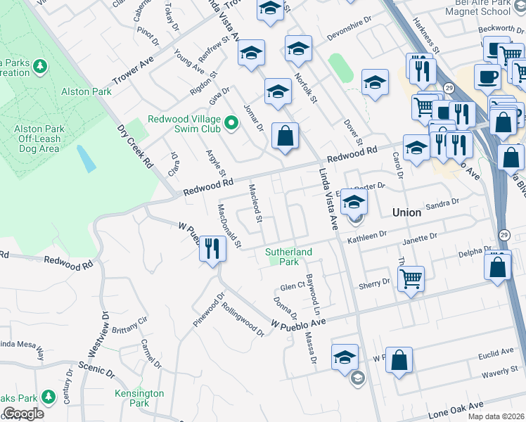 map of restaurants, bars, coffee shops, grocery stores, and more near 3324 Macleod Street in Napa
