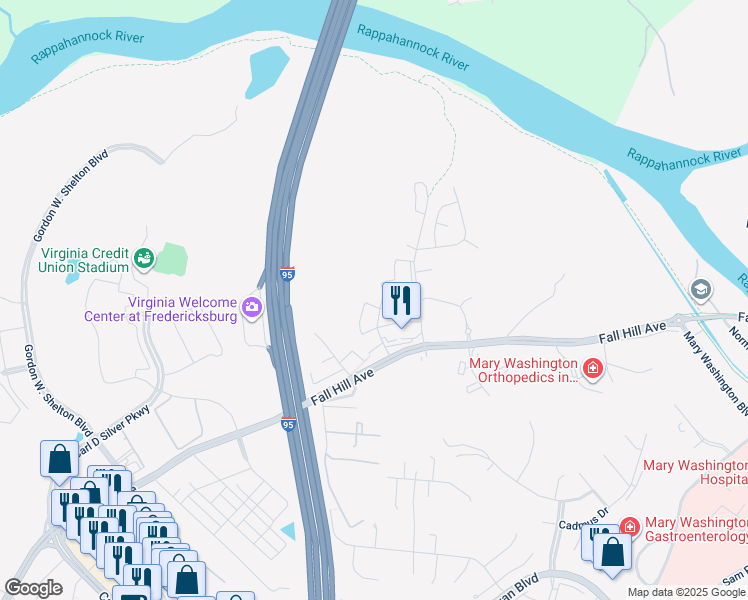 map of restaurants, bars, coffee shops, grocery stores, and more near 805 Denton Circle in Fredericksburg