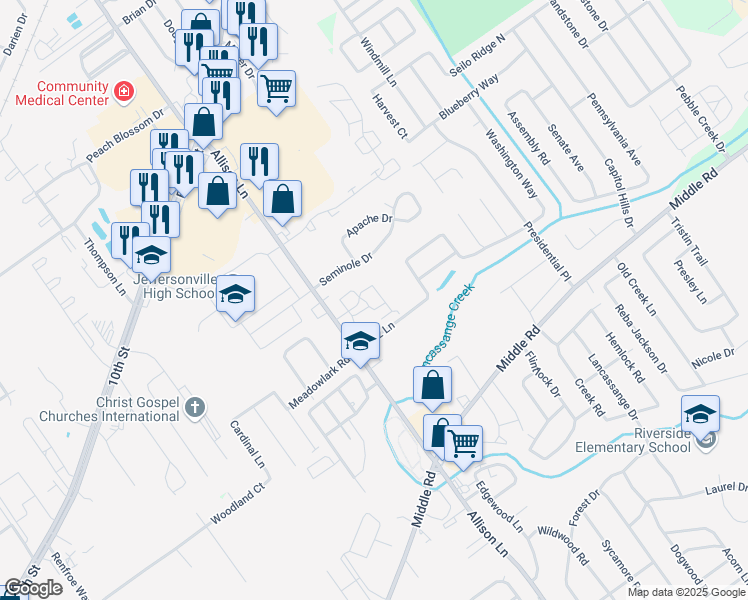 map of restaurants, bars, coffee shops, grocery stores, and more near 3019 Beech Grove Court in Jeffersonville