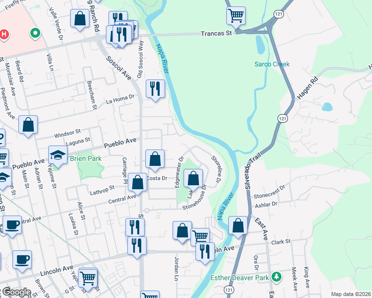 map of restaurants, bars, coffee shops, grocery stores, and more near 2409 Stonehouse Court in Napa