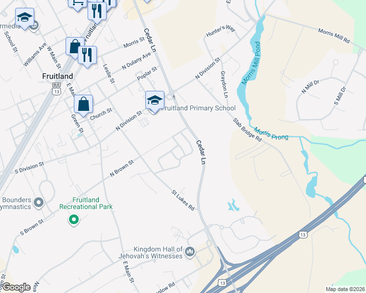map of restaurants, bars, coffee shops, grocery stores, and more near 622 Wye Oak Drive in Fruitland