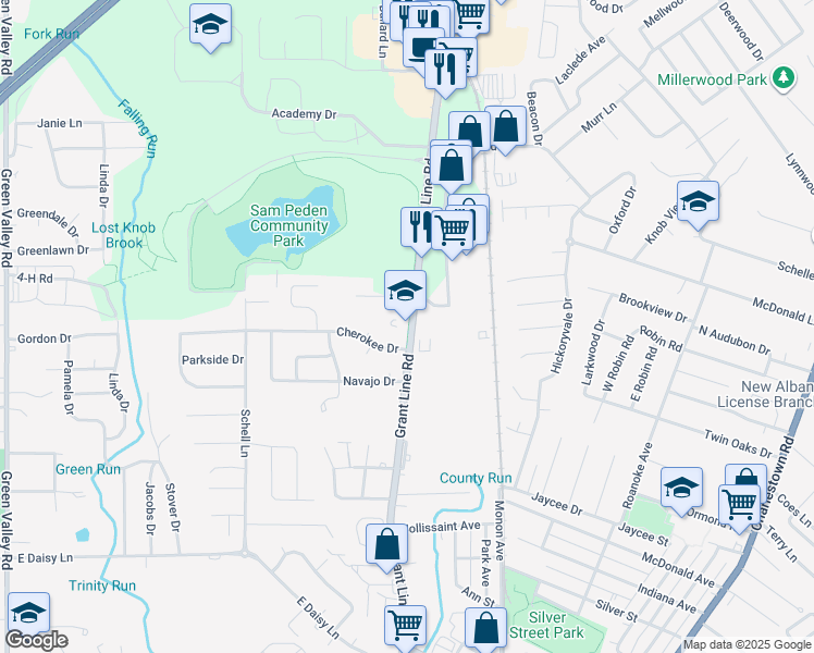map of restaurants, bars, coffee shops, grocery stores, and more near 2801 Grant Line Road in New Albany