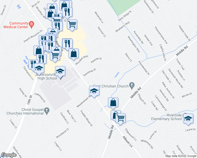 map of restaurants, bars, coffee shops, grocery stores, and more near 3019 Beech Grove Court in Jeffersonville