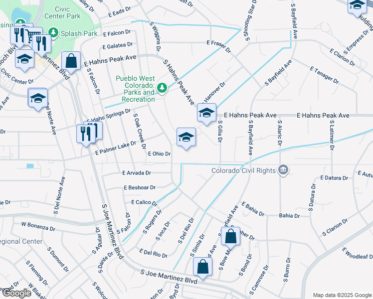 map of restaurants, bars, coffee shops, grocery stores, and more near 484 South Maher Drive in Pueblo West