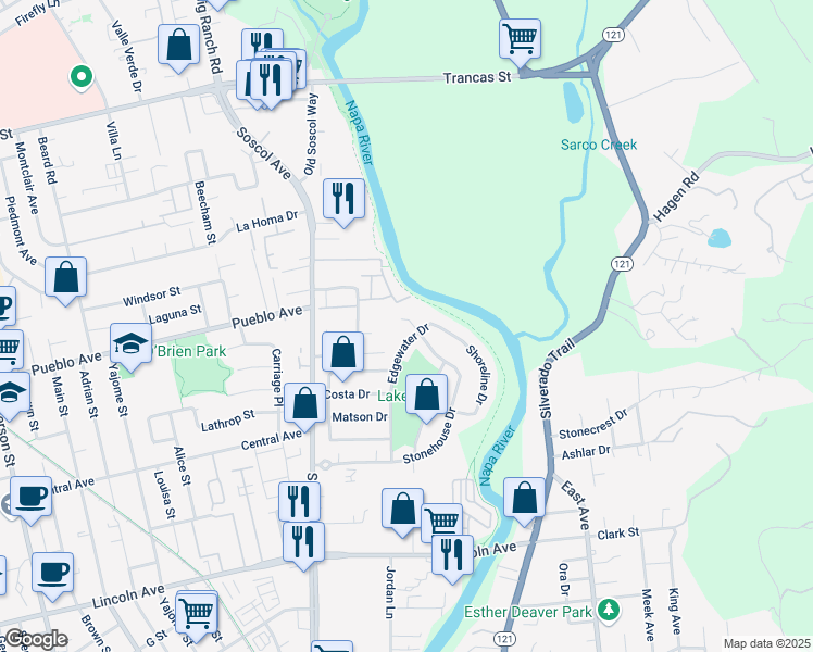 map of restaurants, bars, coffee shops, grocery stores, and more near 2409 Stonehouse Court in Napa