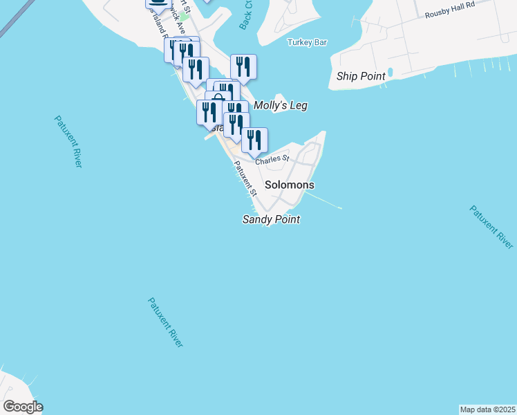 map of restaurants, bars, coffee shops, grocery stores, and more near 14811 Patuxent Avenue in Solomons